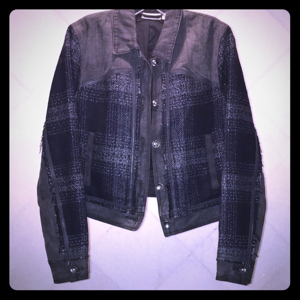 DKNY grey denim jean jacket plaid flannel panels